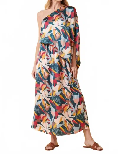 Mittoshop Abstract Flower Print One Shoulder Maxi Dress In Teal In Multi