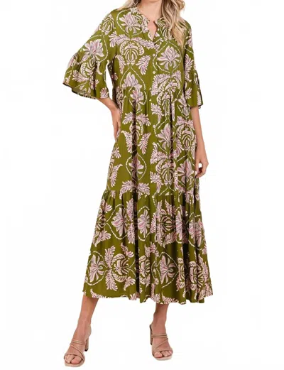 Mittoshop Abstract Leaf Ruffle Maxi Dress In Green Tea In Multi