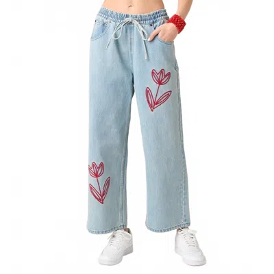 Mittoshop Ainsley Tulip Embroidery Wide Leg Jeans In Light Wash In Blue