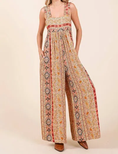 Mittoshop Boho Print Ruffle Strap Tie Back Wide Leg Jumpsuit In Rust Multi