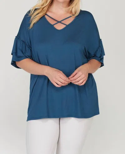 Mittoshop Criss Cross Front Ruffle Sleeve Curvy Top - Plus In Teal In Blue