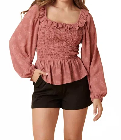 Mittoshop Flower Jacquard Squareneck Smocking Blouse In Mauve In Pink