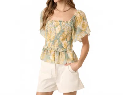 Mittoshop Flower Print Smocking Detail Blouse In Sage In Multi
