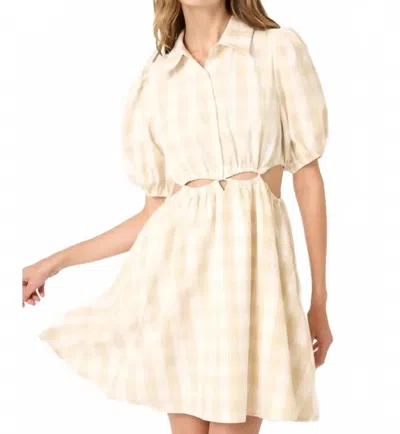 Mittoshop Gingham Cut Out Detail Mini Shirt Dress In Beige In Neutral