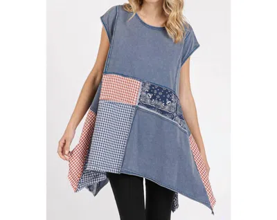 Mittoshop Gingham Patchwork Handkerchief Hem Top In Navy In Blue