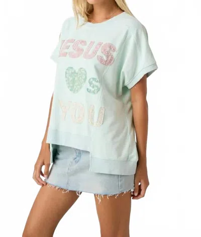 Mittoshop Jesus Loves You Patchwork Oversized Top In Sage Green In Blue