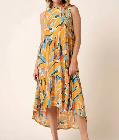 Mittoshop Leaf Print Mock Neck Midi Dress In Yellow Multi