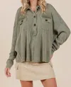 Mittoshop Mineral Wash Waffle Knit Collared Henley Top In Olive In Green