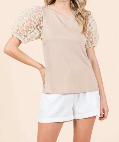 Mittoshop Round Neck Puff Short Sleeve Top In Taupe In Grey