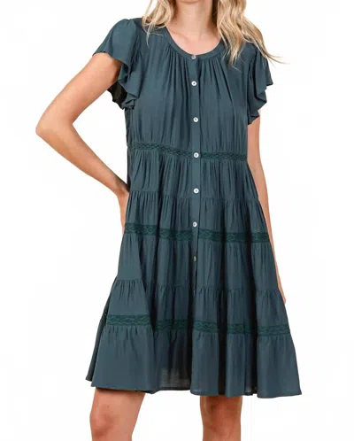 Mittoshop Ruffle Sleeve Tiered Lace Detail Button Mini Dress In Teal In Blue