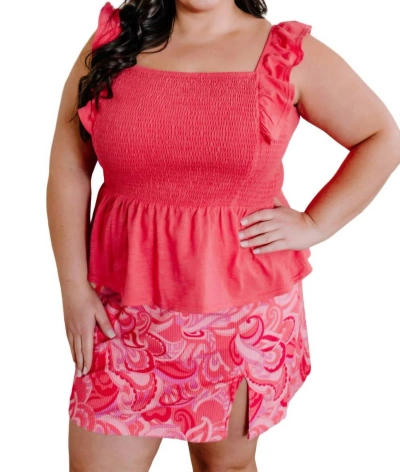Mittoshop Smocked Sleeveless Top With Ruffle Shoulder Detail In Watermelon In Pink