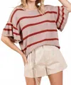 Mittoshop Striped Ruffle Short Sleeve Sweater Knit Top In Mocha/rust In Multi