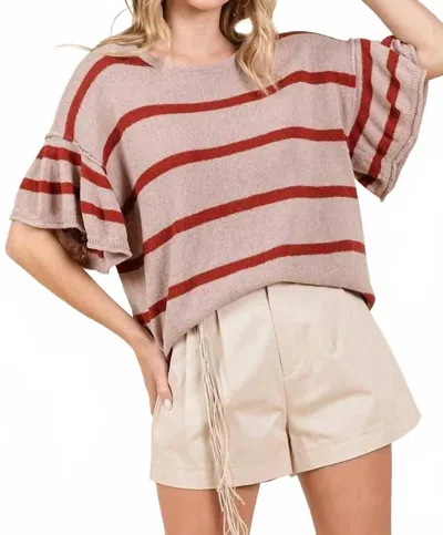 Mittoshop Striped Ruffle Short Sleeve Sweater Knit Top In Mocha/rust In Multi