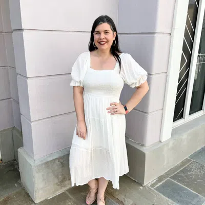 Mittoshop Swiss Dot Smocking Bodice Midi Dress In Ivory In White