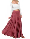 Mittoshop Tiered Flowy Elastic Waist Lined Maxi Skirt In Marsala