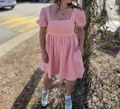 Mittoshop Washed Denim Puff Sleeve Babydoll Dress In Coral In Pink