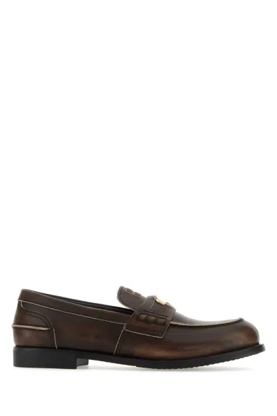 Miu Miu Leather Loafers Rounded Shape Stitched Detailing In Brown