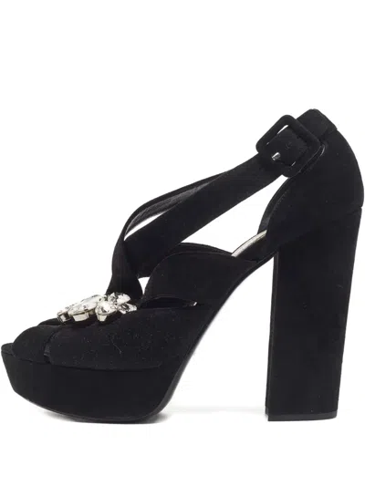 Pre-owned Miu Miu 110mm Crystal-embellishment Sandals In Black