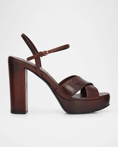 Miu Miu 110mm Leather Platform Sandals In Brown