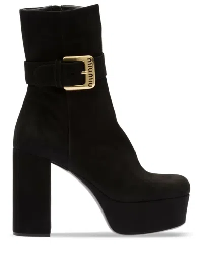 Miu Miu 110mm Platform Suede Boots In Black