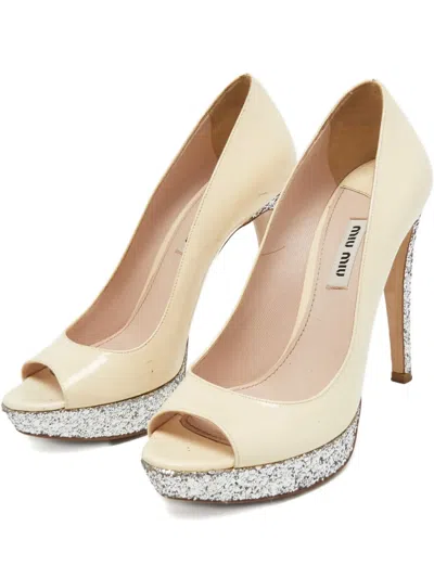 Pre-owned Miu Miu 120mm Patent-leather Glitter Pumps In Neutral