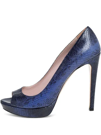 Pre-owned Miu Miu 125mm Python-skin Peep-toe Pumps In Blue