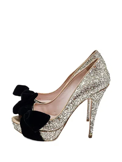 Pre-owned Miu Miu 130mm Bow-detail Peep-toe Heeled Pumps In Gold