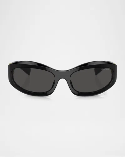 Miu Miu 14zsf Logo Oval Acetate Sunglasses In Black