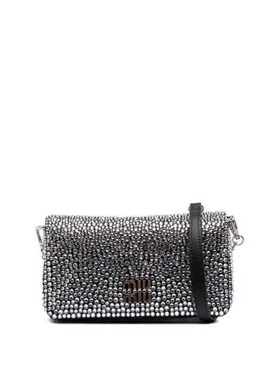Pre-owned Miu Miu 2000-2010 Mini Crystal Embellished Satin Chain Crossbody Bag In Black