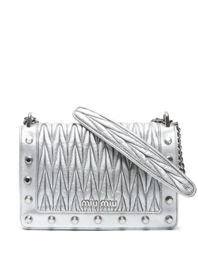 Pre-owned Miu Miu 2000-2024 Matelassé Studs Shoulder Bag In Silver
