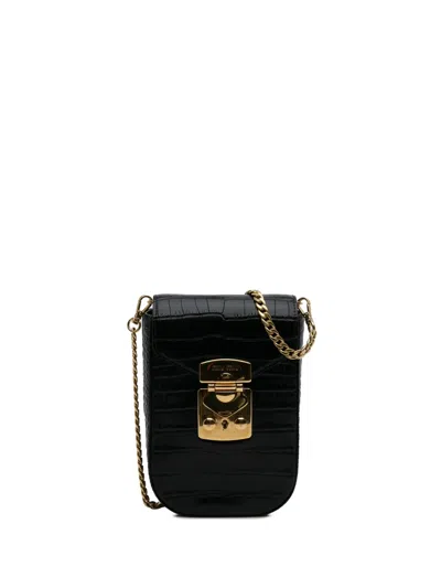 Pre-owned Miu Miu 2000-2025 Croc Embossed Leather Chain Crossbody Bag In Black