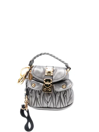 Pre-owned Miu Miu 2000-2025 Mini Metallic Matelasse Lambskin Coffer Bag Charm Key Holder In Silver