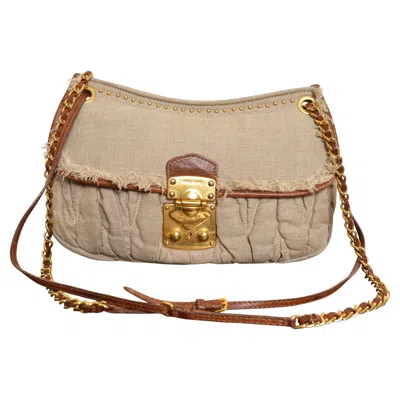 Pre-owned Miu Miu 2000's Vintage Beige Hessian Tan Leather Shoulder Bag With Gold Hardware In Brown