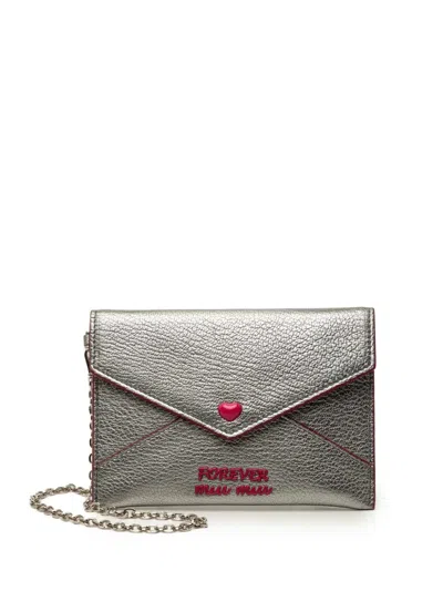 Pre-owned Miu Miu 2000-2010 Metallic Goatskin Madras Forever Heart Envelope Chain Wallet Small Wallets In Silver
