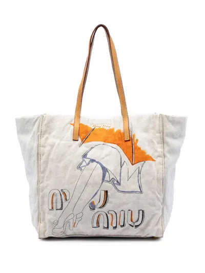 Pre-owned Miu Miu 2000-2010 Printed Canvas Tote Bag In White