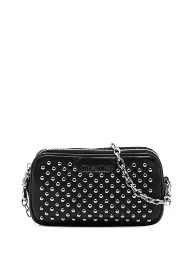 Pre-owned Miu Miu 2000-2025 Studded Leather Double Zip Crossbody Bag In Black