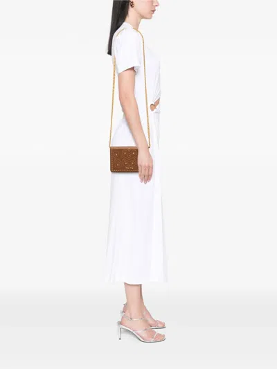 Pre-owned Miu Miu 2000-2026 Studded Goatskin Madras Lux Wallet On Chain Crossbody Bag In Brown