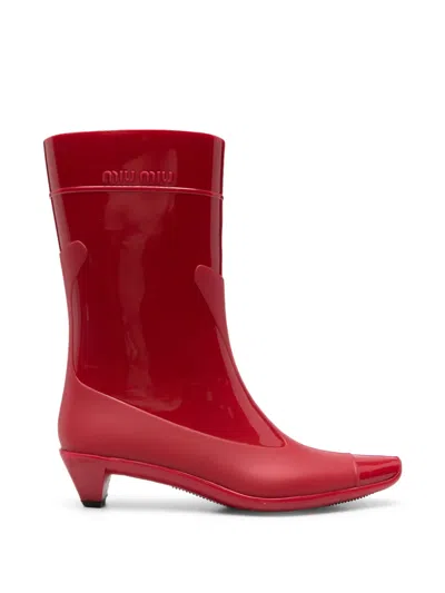Pre-owned Miu Miu 2000s Embossed-logo Heeled Rain Boots In Red
