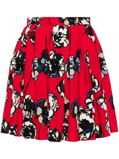 Pre-owned Miu Miu 2000s Floral-print Pleated Miniskirt In 红色
