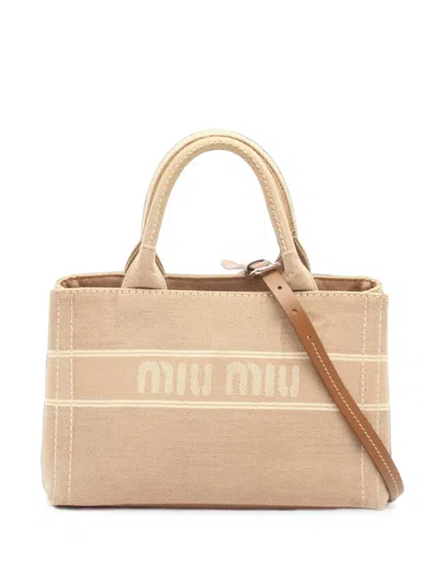 Pre-owned Miu Miu 2000s Logo-print Two-way Tote Bag In Neutrals