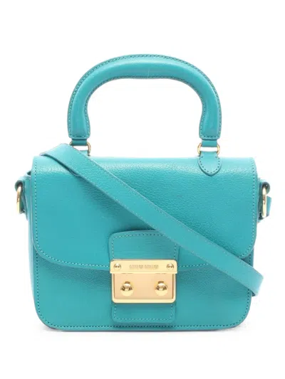 Pre-owned Miu Miu 2000s Madras Leather Tote Bag In Blue