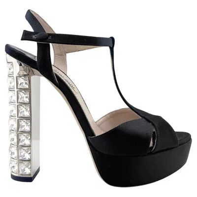 Pre-owned Miu Miu 2000s  Black Satin Platforms With Crystal Embellished Heels