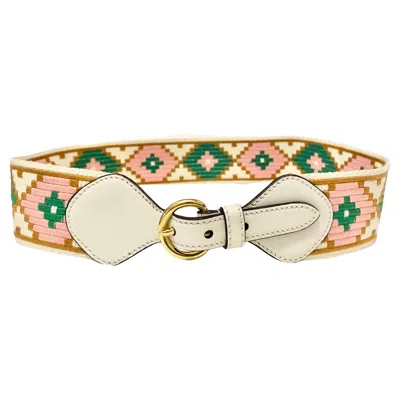 Pre-owned Miu Miu 2000s Vintage Women's High Waist Cotton Leather Geometric Belt In Sand