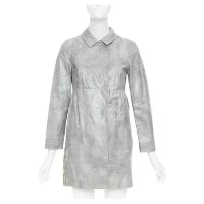 Pre-owned Miu Miu 2007 Grey Crackled Lambskin Leather A-line Long Coat It38 Xs In Gray