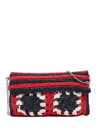 Pre-owned Miu Miu 2009-2026 Multicolor Raffia Crochet Wallet On Chain Crossbody Bag