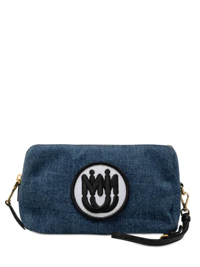 Pre-owned Miu Miu 2010-2025 Denim Embroidered Logo Wristlet Pouch In Blue