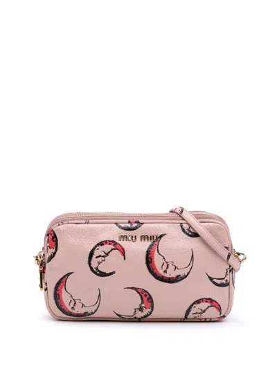 Pre-owned Miu Miu 2010-2025 Goatskin Madras Moon Print Double Zip Crossbody Bag In Pink