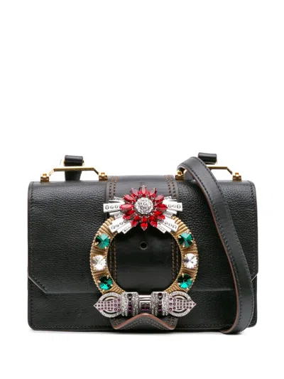 Pre-owned Miu Miu 2010-2025 Goatskin Madras Soft Calf Crystal Embellished Crossbody Bag In Black
