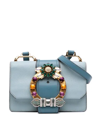 Pre-owned Miu Miu 2010-2025 Goatskin Madras Soft Calf Crystal Embellished Crossbody Bag In Blue