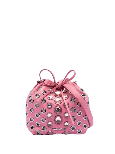 Pre-owned Miu Miu 2010-2025 Jeweled Nappa Grommet Starlight Bucket Bag In Pink